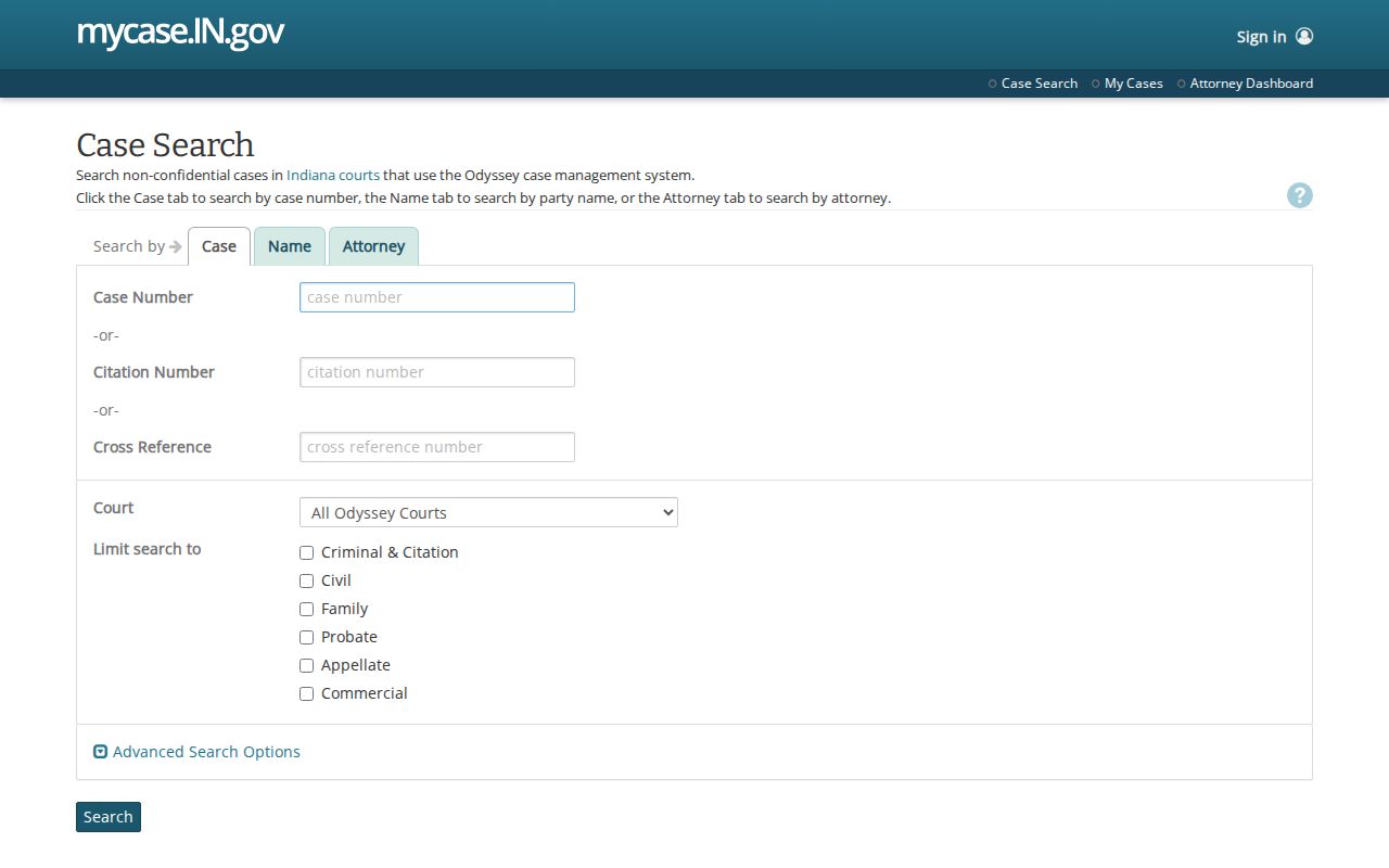 Indiana MyCase public case search starting screen