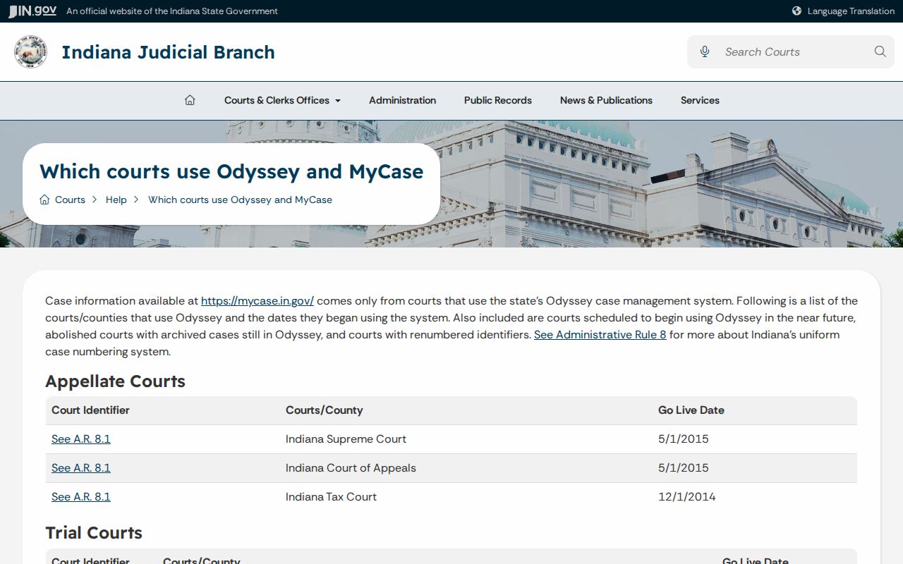Indiana Odyssey court coverage listing for Fountain County courts