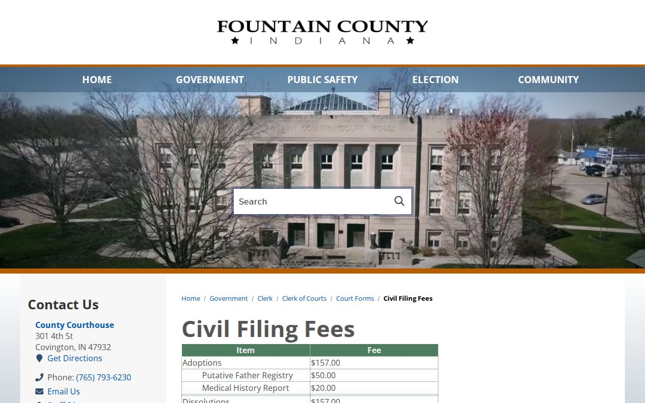 Fountain County civil docket filing fee schedule