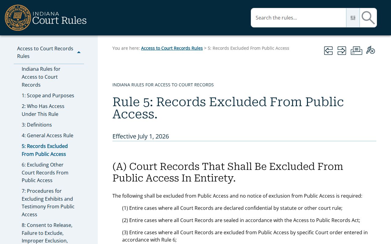 Indiana rule listing court records excluded from public access