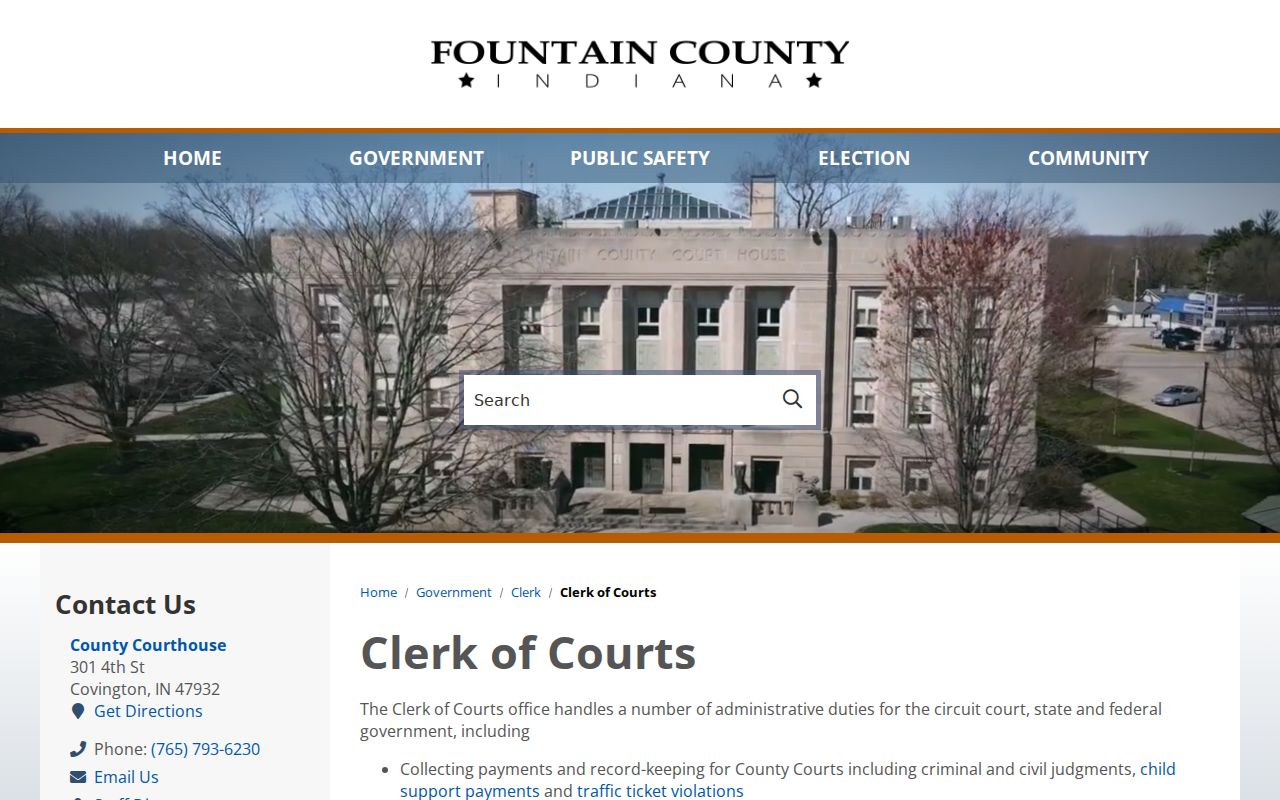 Fountain County Clerk duties and contact page