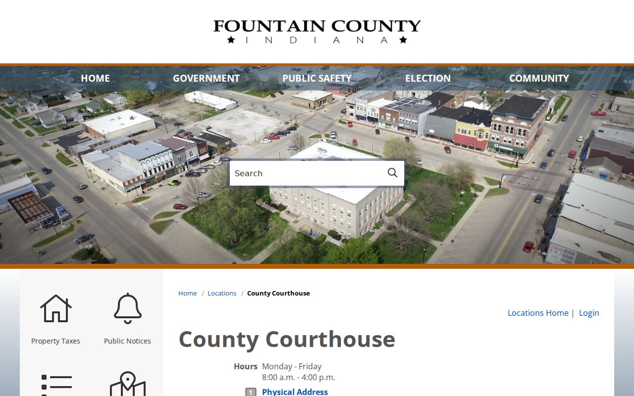 Fountain County Courthouse address and hours page