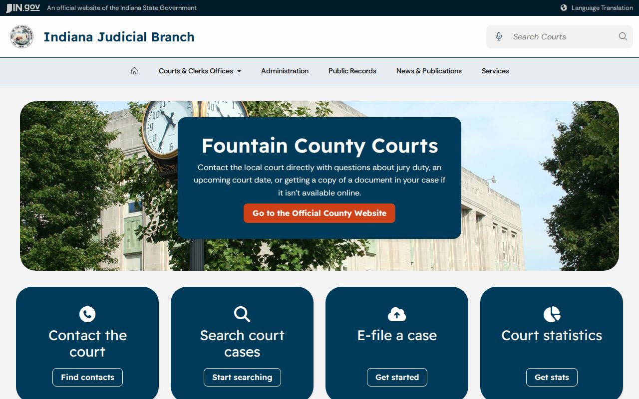 Indiana Judicial Branch Fountain County court landing page