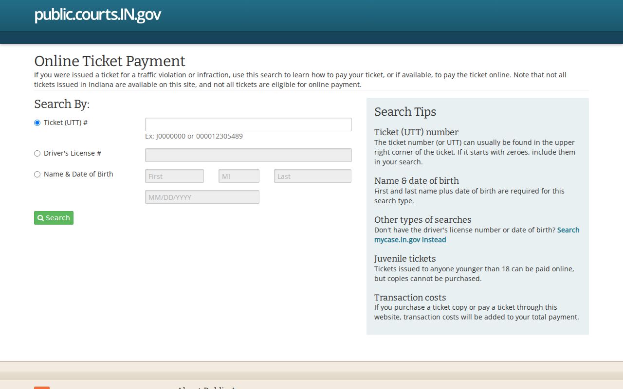 Indiana public traffic ticket payment search modes
