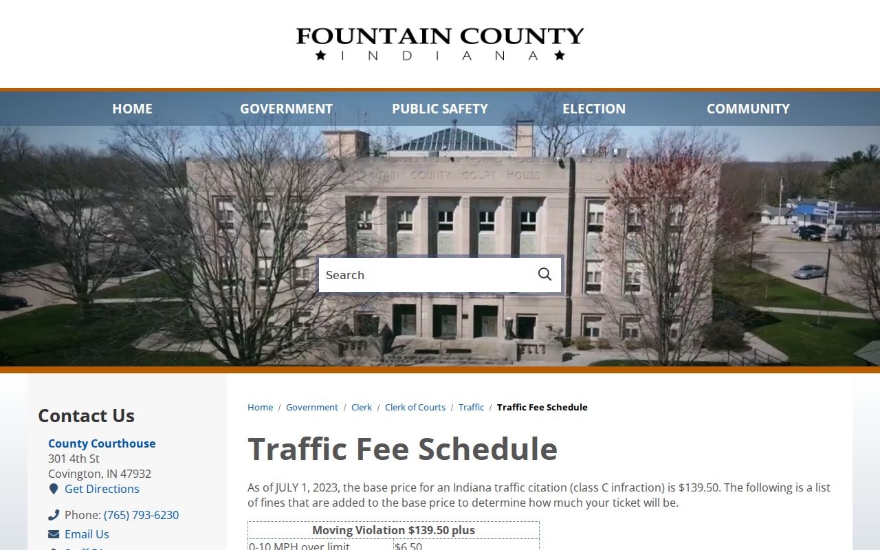 Fountain County official traffic fee schedule